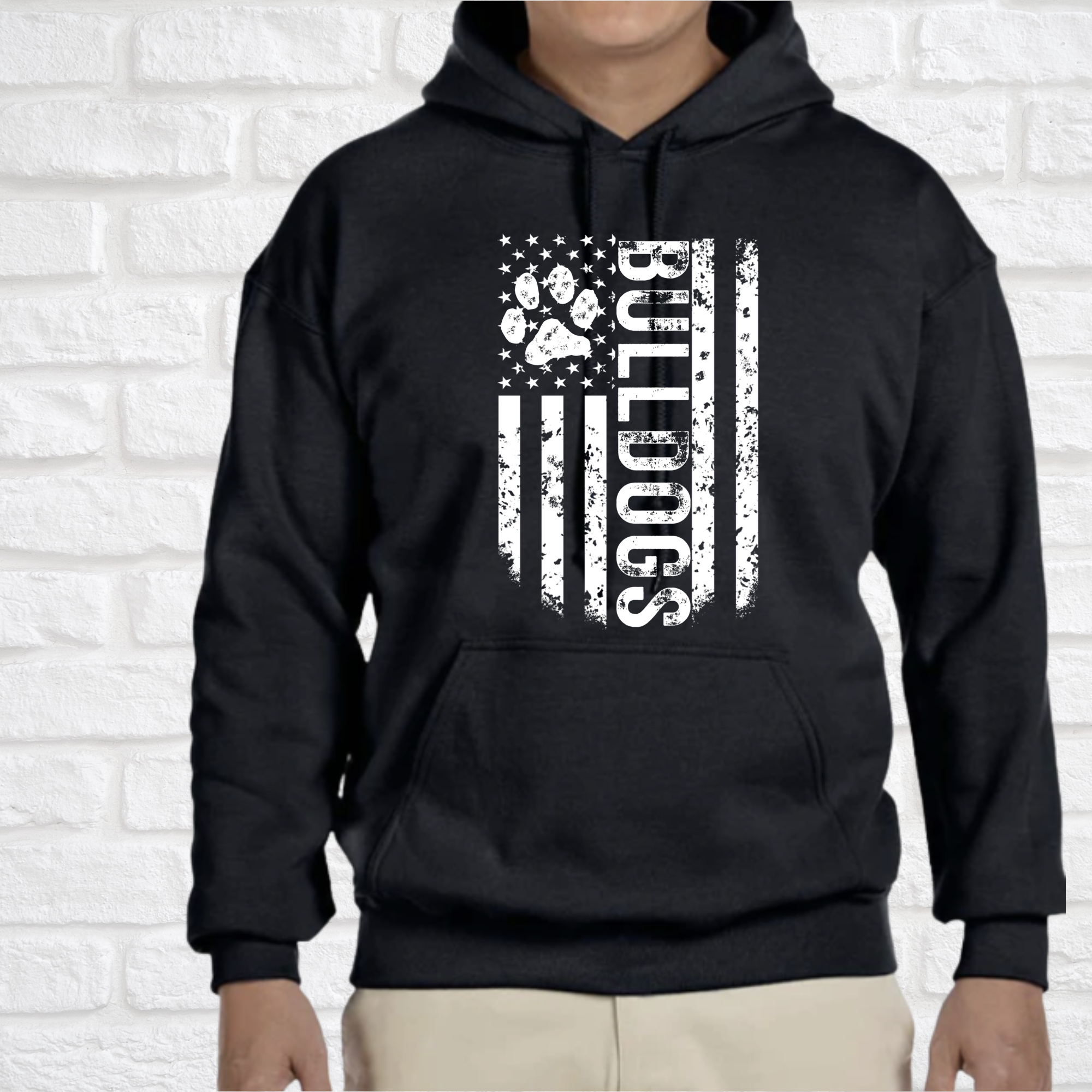 Bulldog white distressed flag hoodie, Crewneck , Long Sleeve Please choose in menu